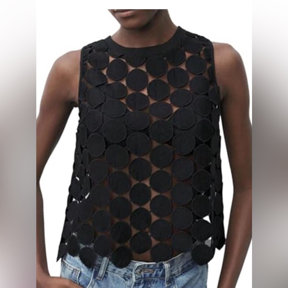Women's Black Sheer Tank Tops See Through Polka Dots Asymmetrical Top Summer